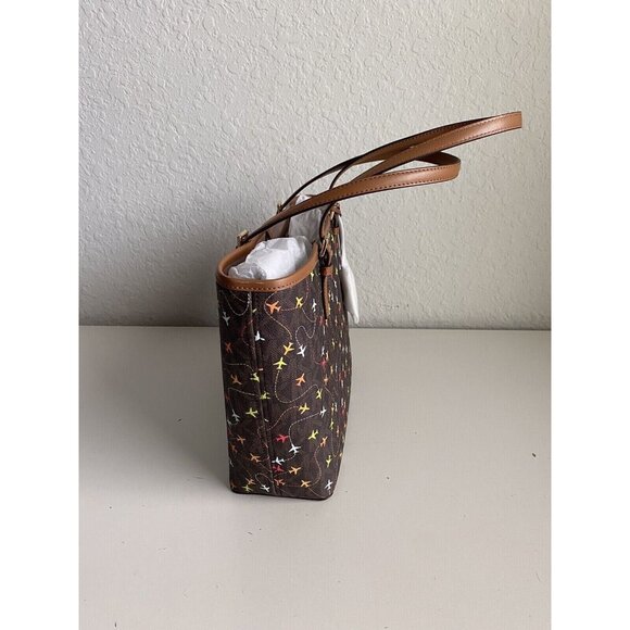 Michael Kors Jet Set Brown MultiColor Airplane Print Carryall Tote Purse Bag NEW - Picture 11 of 13